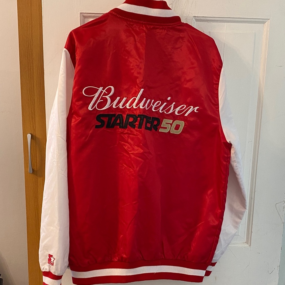 Budweiser Red and White Satin Varsity Jacket